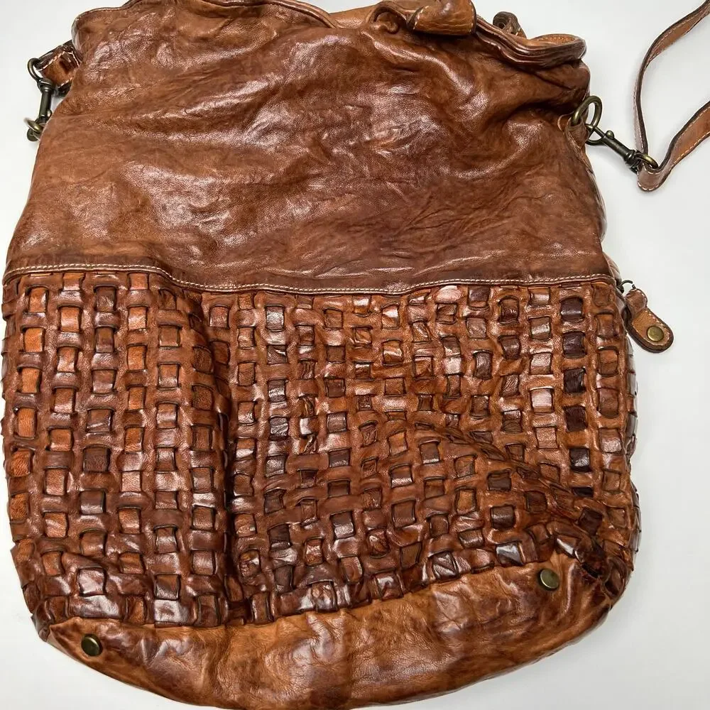 LANGELLOTTI Brown Woven Italian Leather Tote Hobo Handbag Large Distressed Boho